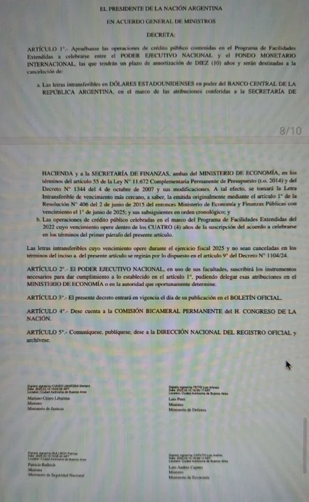 Javier Milei firmó el DNU para autorizar el acuerdo con el FMI: el convenio será a 10 años