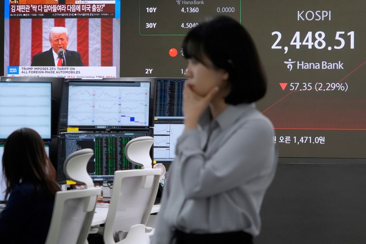 Un pantalla muestra a Trump anunciado aranceles, e la Bolsa de Seúl. Foto: AP